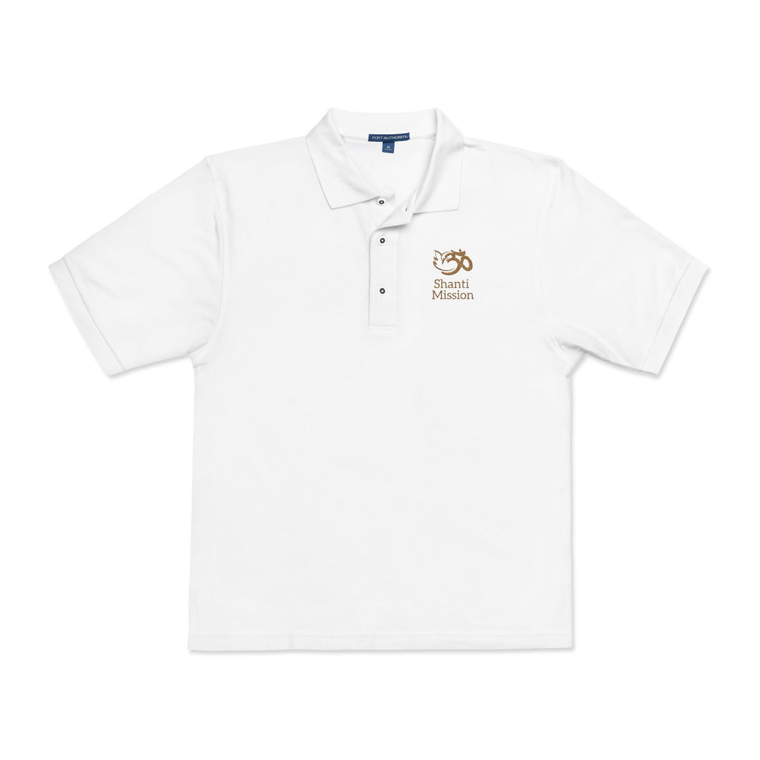 Shanti Mission Embroidered Unisex Polo Shirt - White with Gold logo